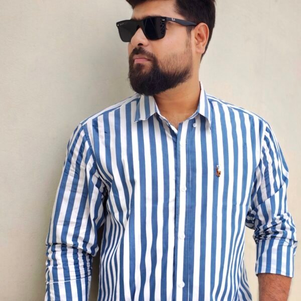 Long Sleeve Shirt-Stripe-White&Sky Blue