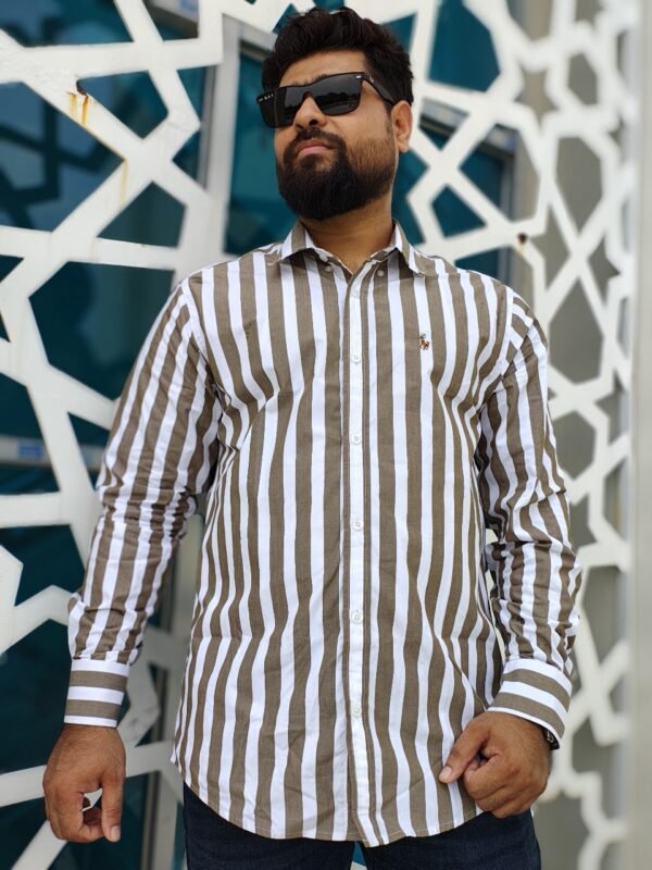 Long Sleeve Shirt-Stripe-White&Olive