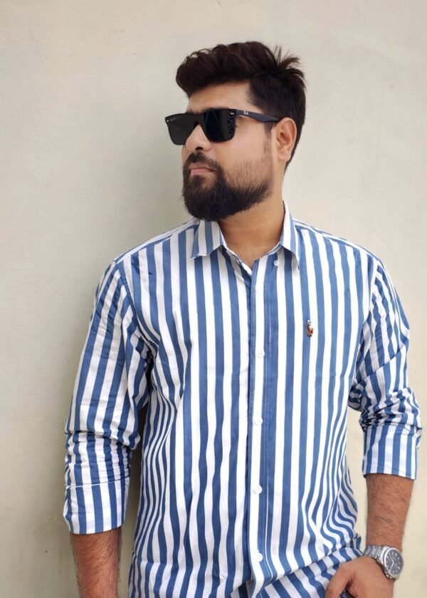 Long Sleeve Shirt-Stripe-White&Sky Blue